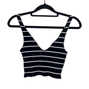 Reformation Black White Striped V-Neck Ribbed Stretch Cropped Tank Top - XS